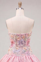 Laden Sie das Bild in den Galerie-Viewer, Trägerloses, pinkes, florales A-Line-Homecoming-Kleid mit Pailletten