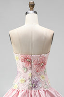 Laden Sie das Bild in den Galerie-Viewer, Trägerloses Rosa Florales A-Linie Kurzes Abendkleid mit Pailletten