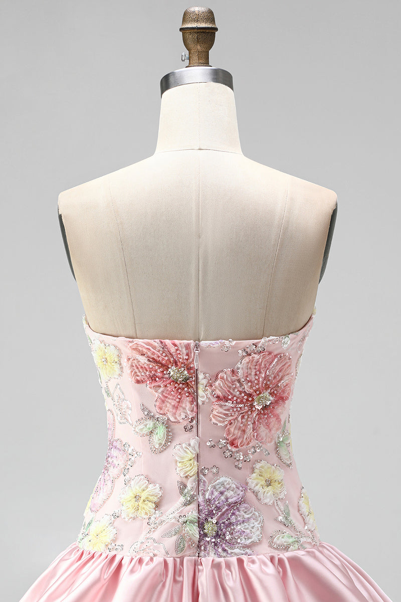 Laden Sie das Bild in den Galerie-Viewer, Trägerloses Rosa Florales A-Linie Kurzes Abendkleid mit Pailletten