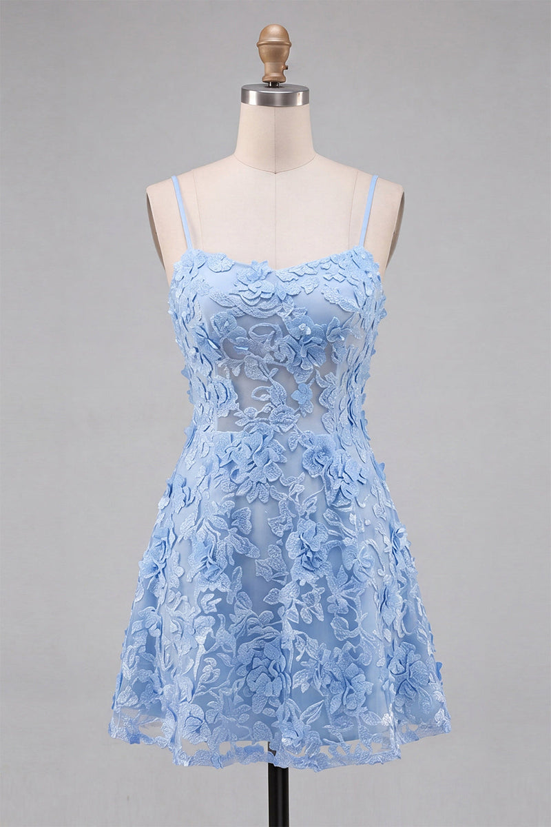 Laden Sie das Bild in den Galerie-Viewer, Hellblaues Blumen-A-Line Spaghetti-Trägerkleid mit Heimkehr und Applikationen