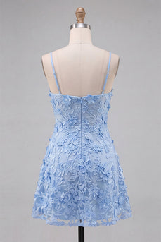 Hellblaues Blumen A-Linie Spaghetti-Träger Kurzes Abendkleid mit Applikationen