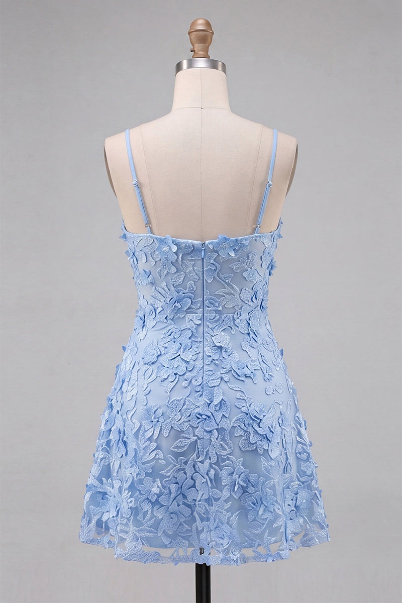 Laden Sie das Bild in den Galerie-Viewer, Hellblaues Blumen-A-Line Spaghetti-Trägerkleid mit Heimkehr und Applikationen