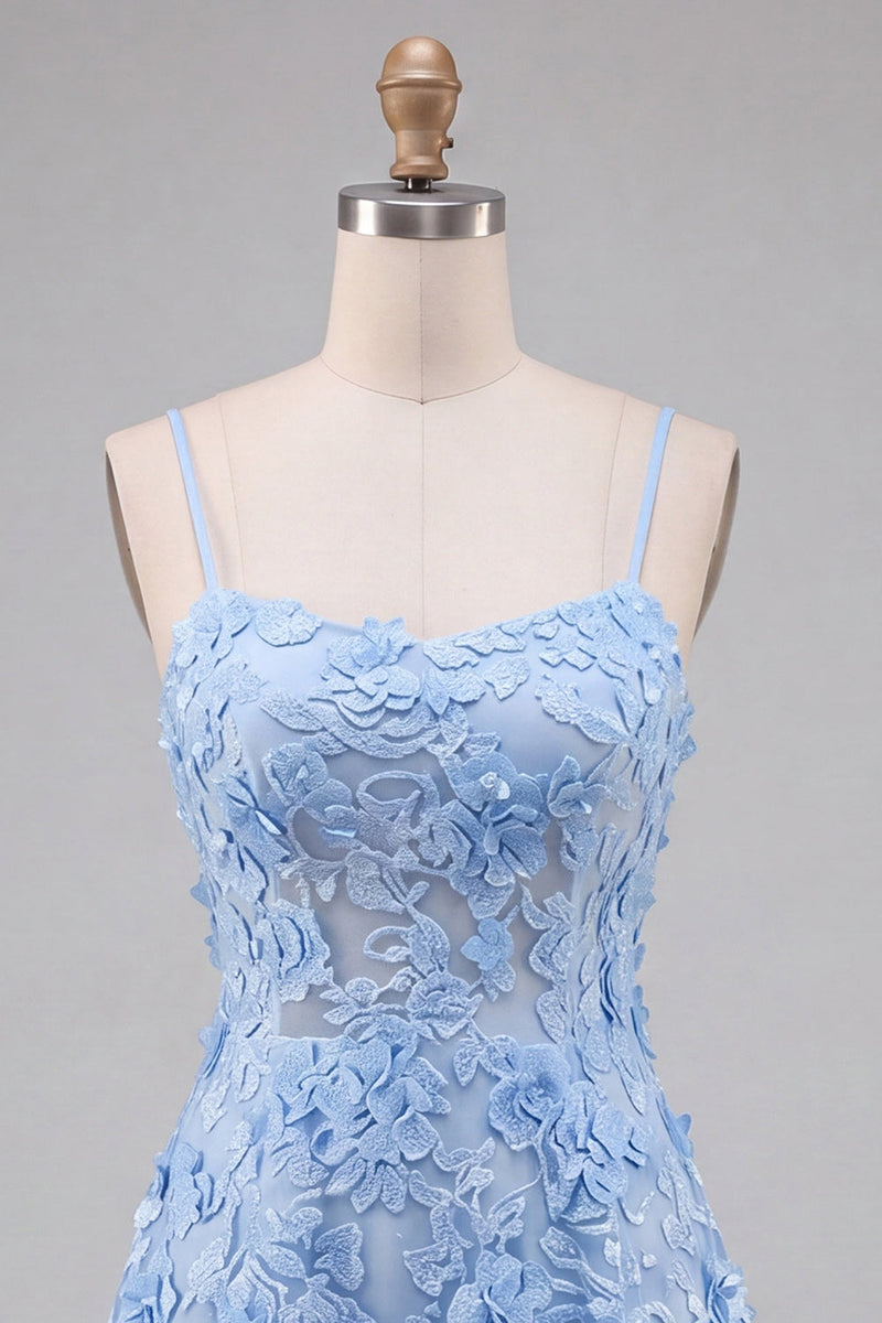 Laden Sie das Bild in den Galerie-Viewer, Hellblaues Blumen-A-Line Spaghetti-Trägerkleid mit Heimkehr und Applikationen