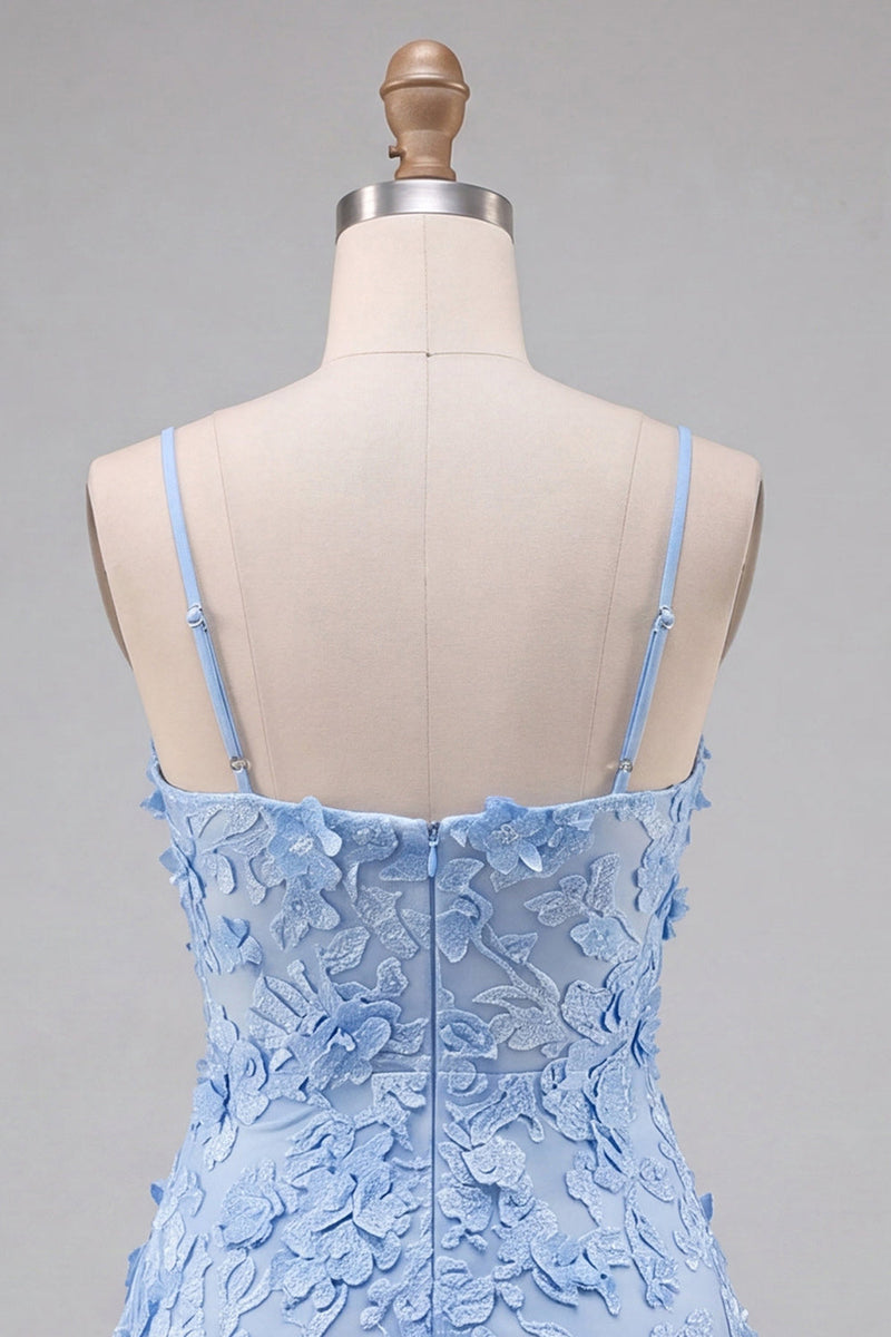 Laden Sie das Bild in den Galerie-Viewer, Hellblaues Blumen-A-Line Spaghetti-Trägerkleid mit Heimkehr und Applikationen