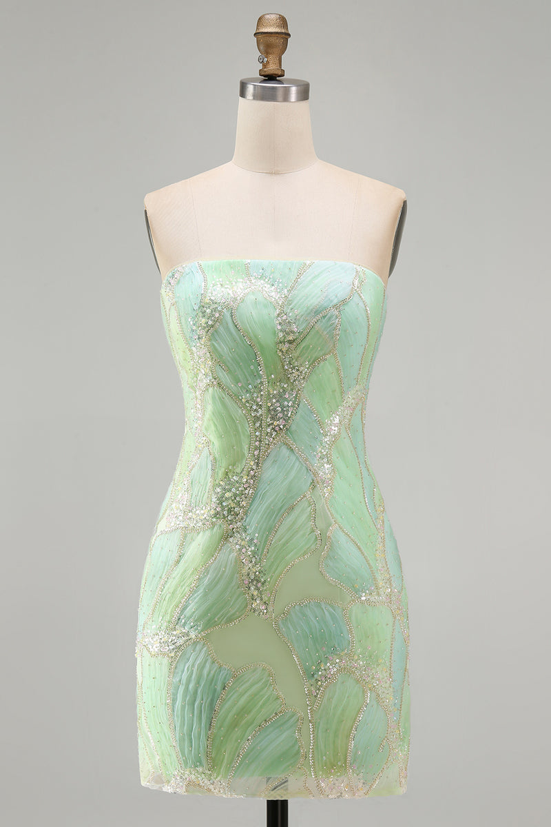 Laden Sie das Bild in den Galerie-Viewer, Trägerloses Rosa Bodycon Pailletten Kurzes Abendkleid