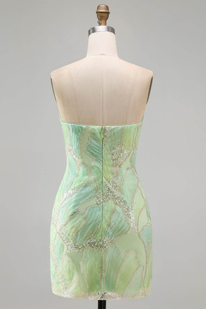 Laden Sie das Bild in den Galerie-Viewer, Trägerloses Rosa Bodycon Pailletten Kurzes Abendkleid