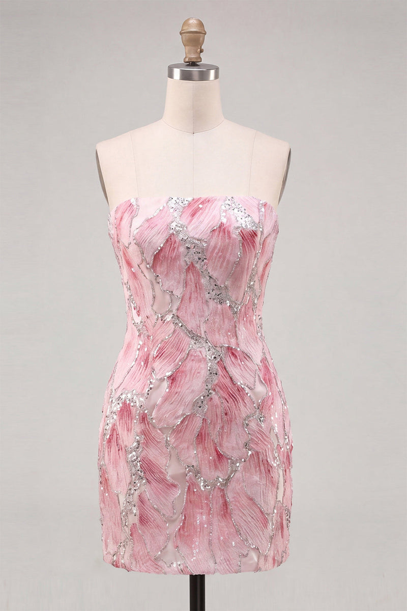Laden Sie das Bild in den Galerie-Viewer, Trägerloses pinkes Bodycon-Pailletten-Kurzes Homecoming-Kleid