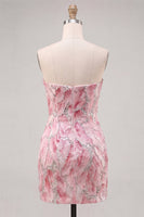 Laden Sie das Bild in den Galerie-Viewer, Trägerloses pinkes Bodycon-Pailletten-Kurzes Homecoming-Kleid