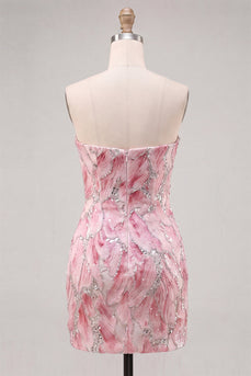 Trägerloses Rosa Bodycon Pailletten Kurzes Abendkleid