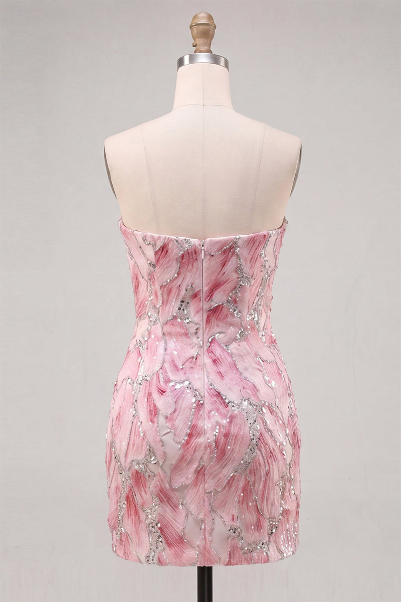 Laden Sie das Bild in den Galerie-Viewer, Trägerloses pinkes Bodycon-Pailletten-Kurzes Homecoming-Kleid