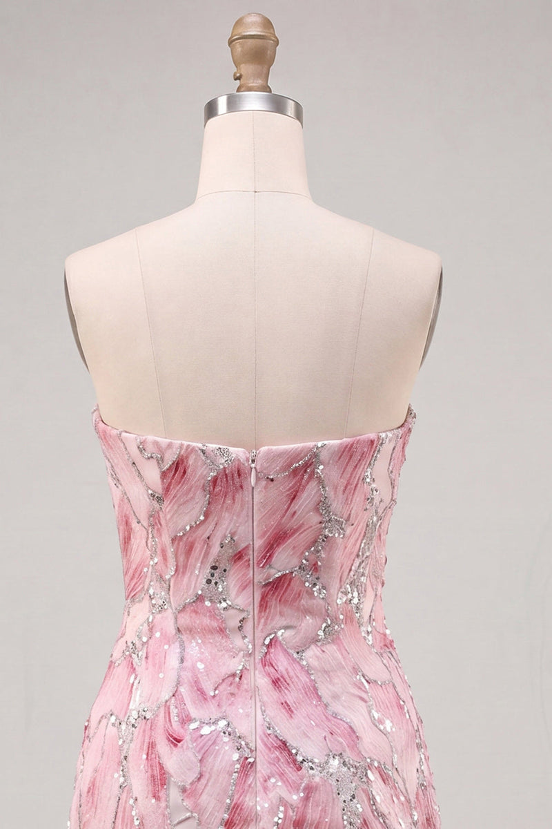 Laden Sie das Bild in den Galerie-Viewer, Trägerloses pinkes Bodycon-Pailletten-Kurzes Homecoming-Kleid