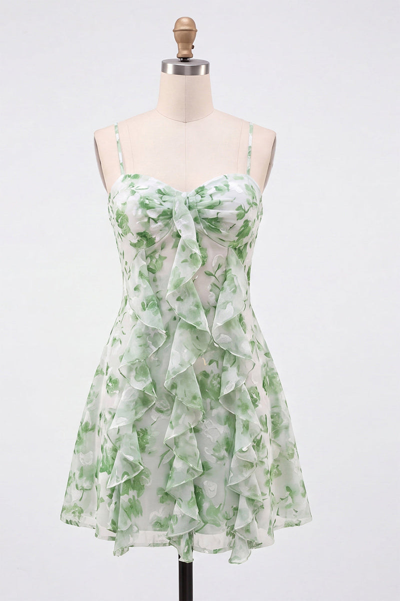 Laden Sie das Bild in den Galerie-Viewer, Grüne A-Linie Chiffon Blumenrüschen Spaghettiträger kurzes Homecoming-Kleid