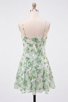 Grünes A-Linie Chiffon Blumen Rüschen Spaghettiträger Kurzes Abendkleid