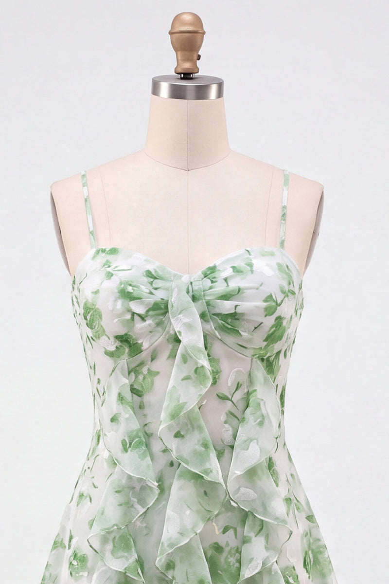 Laden Sie das Bild in den Galerie-Viewer, Grüne A-Linie Chiffon Blumenrüschen Spaghettiträger kurzes Homecoming-Kleid