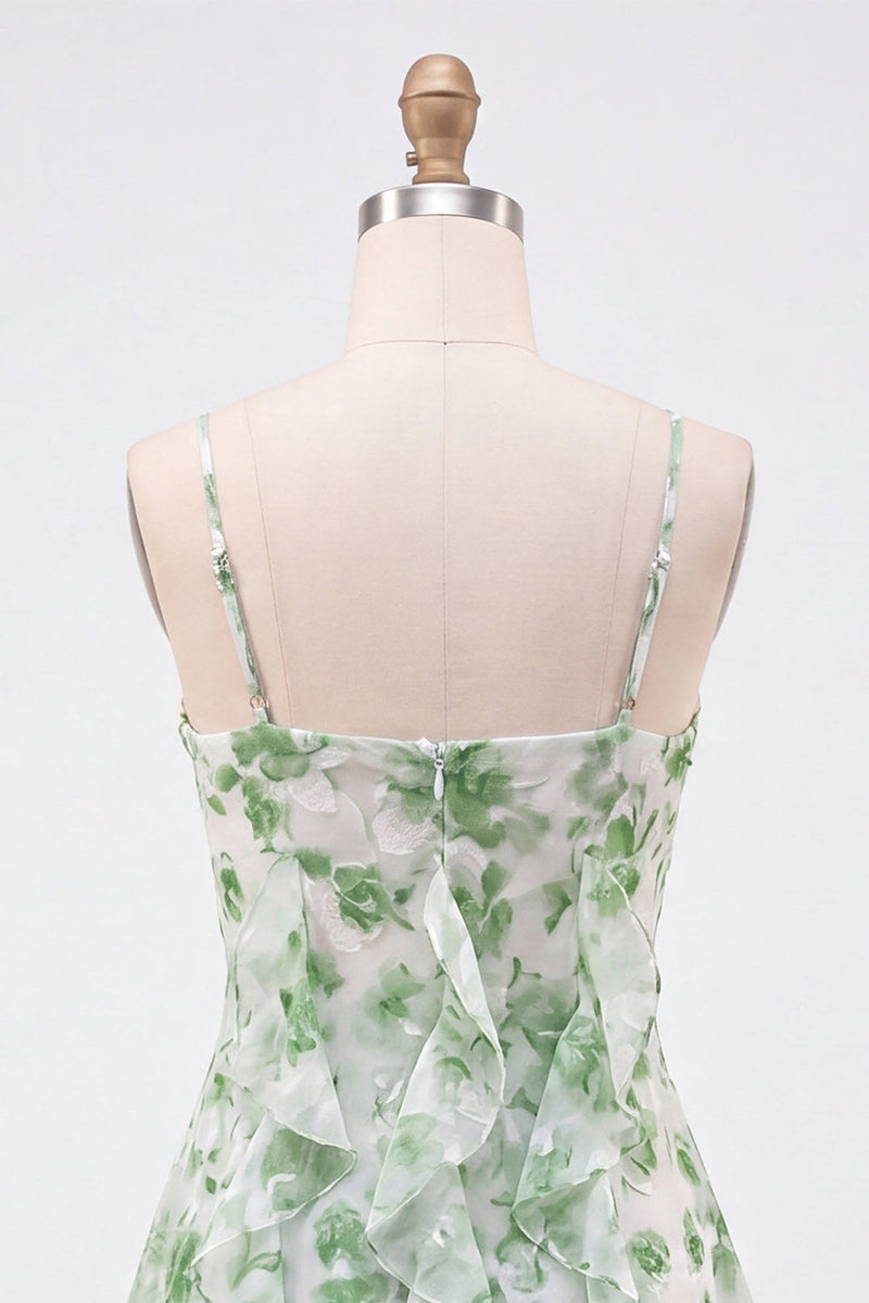 Laden Sie das Bild in den Galerie-Viewer, Grüne A-Linie Chiffon Blumenrüschen Spaghettiträger kurzes Homecoming-Kleid