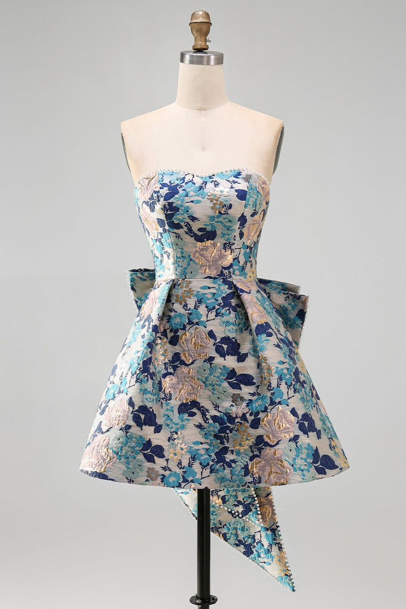 Laden Sie das Bild in den Galerie-Viewer, Sweetheart Rosa Blume A-Linie Jacquard Pearls Kurzes Abendkleid mit Schleife