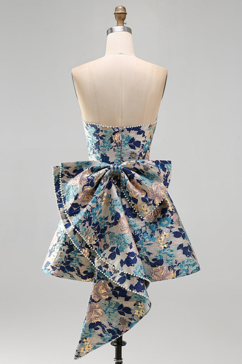 Laden Sie das Bild in den Galerie-Viewer, Sweetheart Rosa Blume A-Linie Jacquard Pearls Kurzes Abendkleid mit Schleife