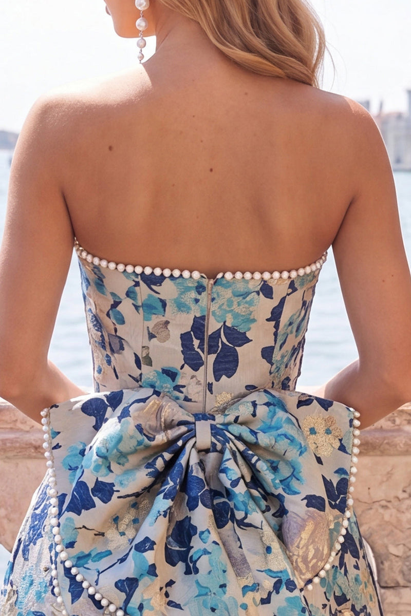 Laden Sie das Bild in den Galerie-Viewer, Sweetheart Pink Flower A-Line Jacquard Pearls Homecoming-Kleid mit Schleife