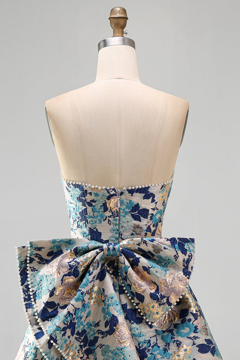 Laden Sie das Bild in den Galerie-Viewer, Sweetheart Rosa Blume A-Linie Jacquard Pearls Kurzes Abendkleid mit Schleife