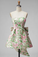 Laden Sie das Bild in den Galerie-Viewer, Sweetheart Rosa Blume A-Linie Jacquard Pearls Kurzes Abendkleid mit Schleife