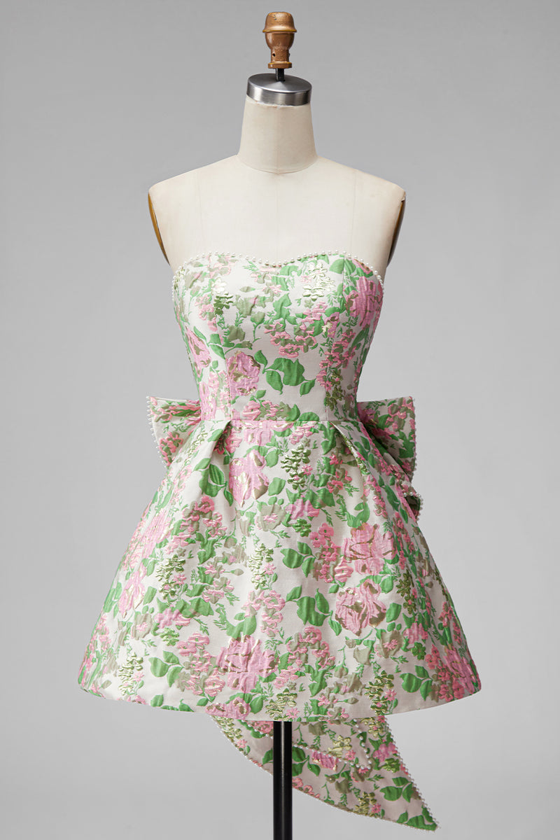 Laden Sie das Bild in den Galerie-Viewer, Sweetheart Rosa Blume A-Linie Jacquard Pearls Kurzes Abendkleid mit Schleife