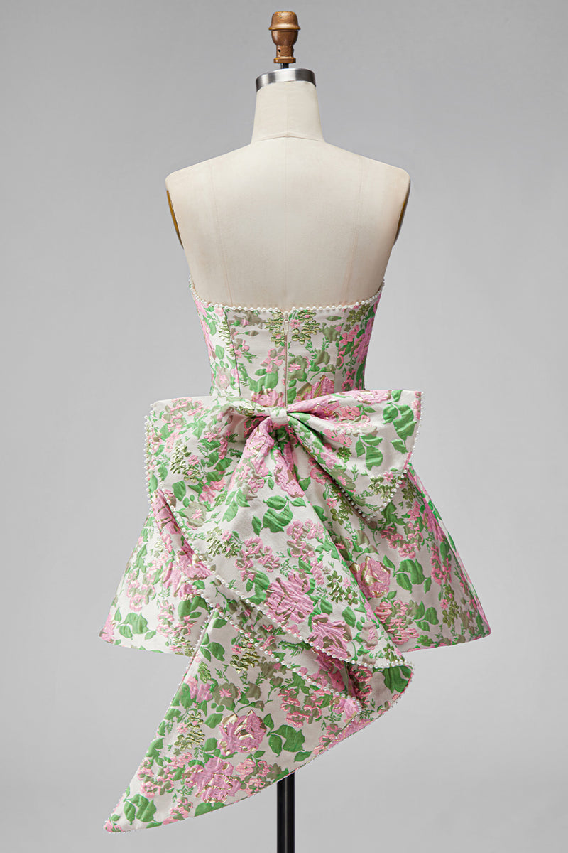Laden Sie das Bild in den Galerie-Viewer, Sweetheart Rosa Blume A-Linie Jacquard Pearls Kurzes Abendkleid mit Schleife