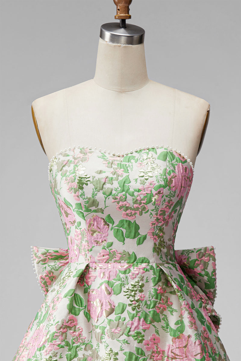 Laden Sie das Bild in den Galerie-Viewer, Sweetheart Rosa Blume A-Linie Jacquard Pearls Kurzes Abendkleid mit Schleife