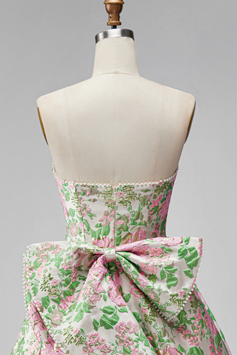 Laden Sie das Bild in den Galerie-Viewer, Sweetheart Rosa Blume A-Linie Jacquard Pearls Kurzes Abendkleid mit Schleife