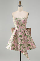 Laden Sie das Bild in den Galerie-Viewer, Sweetheart Rosa Blume A-Linie Jacquard Pearls Kurzes Abendkleid mit Schleife
