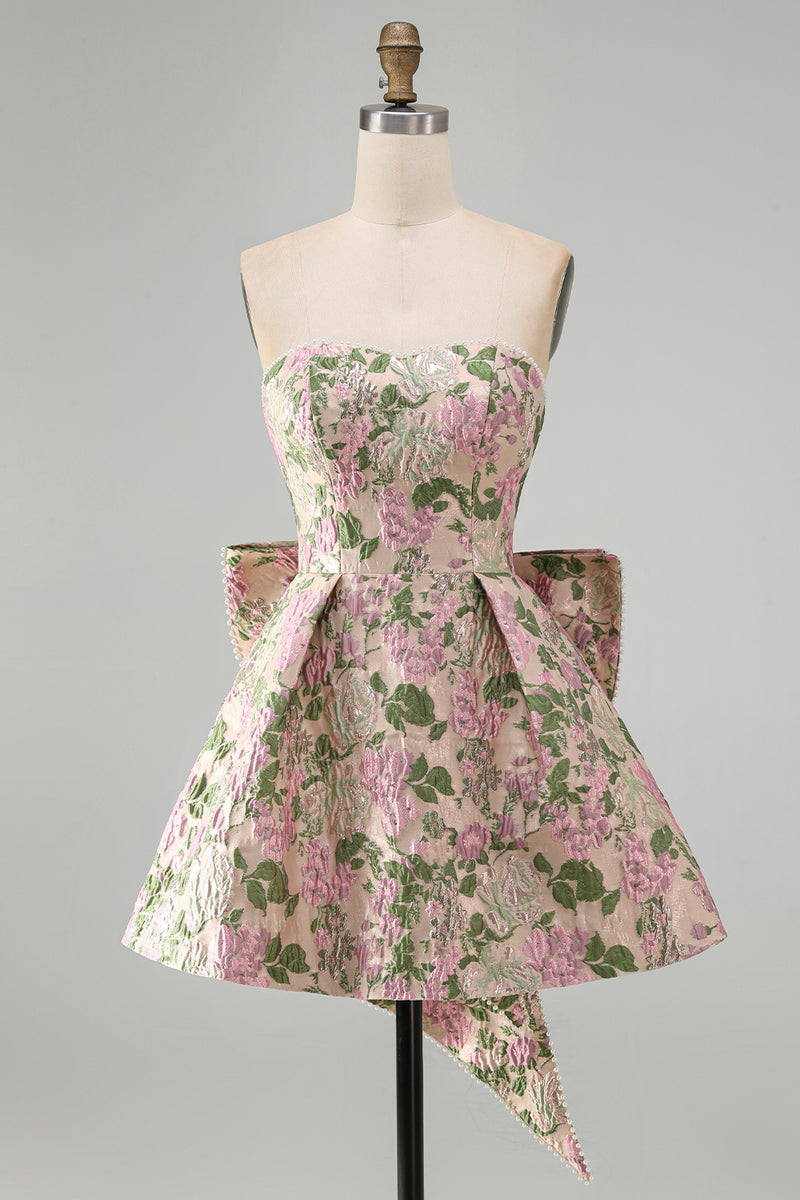 Laden Sie das Bild in den Galerie-Viewer, Sweetheart Rosa Blume A-Linie Jacquard Pearls Kurzes Abendkleid mit Schleife