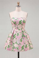 Laden Sie das Bild in den Galerie-Viewer, Sweetheart Pink Flower A-Line Jacquard Pearls Homecoming-Kleid mit Schleife