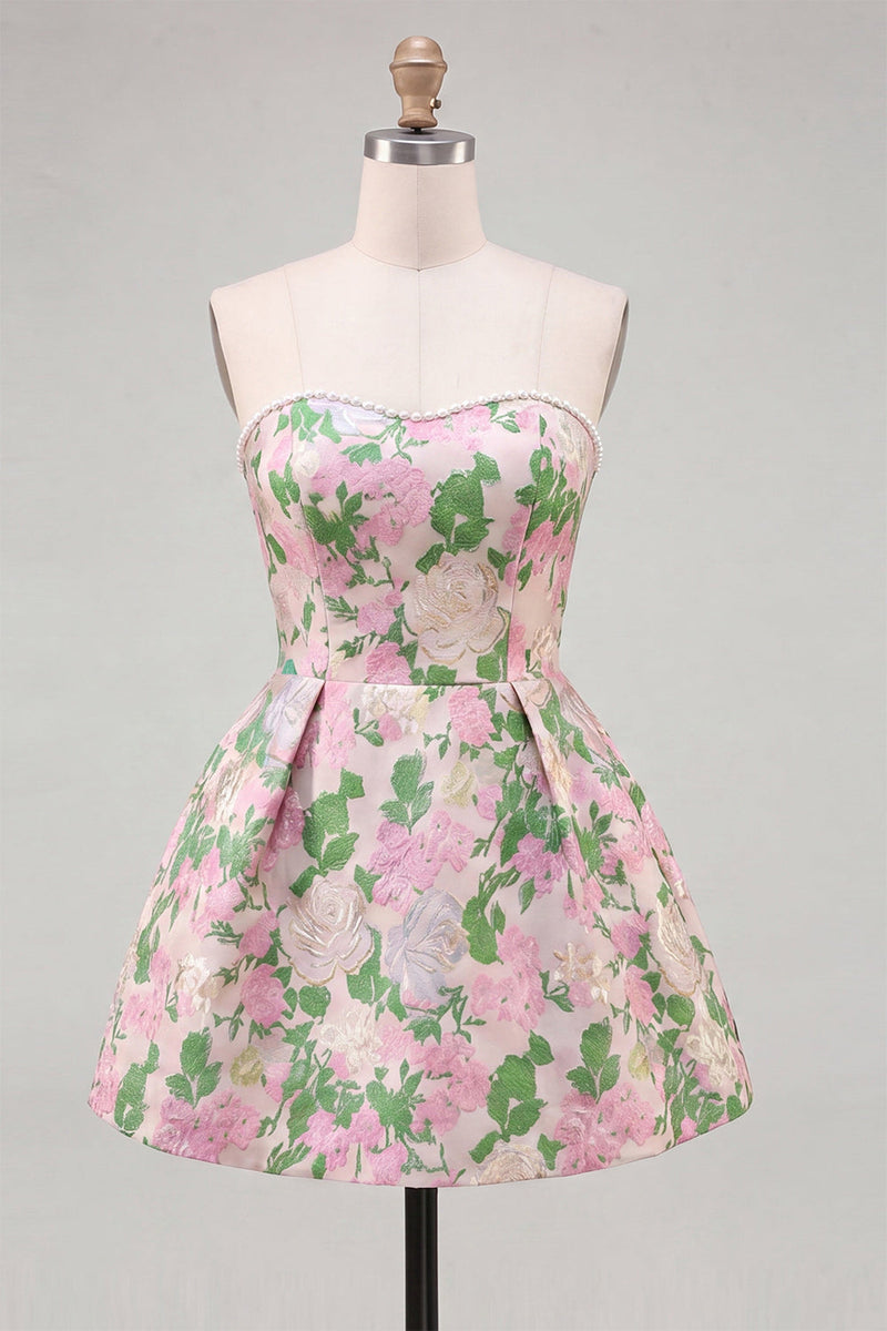 Laden Sie das Bild in den Galerie-Viewer, Sweetheart Pink Flower A-Line Jacquard Pearls Homecoming-Kleid mit Schleife