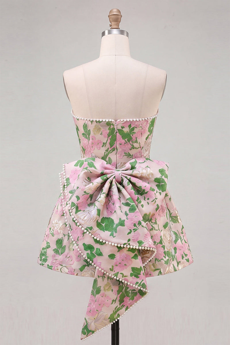 Laden Sie das Bild in den Galerie-Viewer, Sweetheart Pink Flower A-Line Jacquard Pearls Homecoming-Kleid mit Schleife
