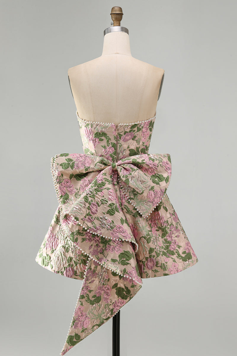 Laden Sie das Bild in den Galerie-Viewer, Sweetheart Rosa Blume A-Linie Jacquard Pearls Kurzes Abendkleid mit Schleife