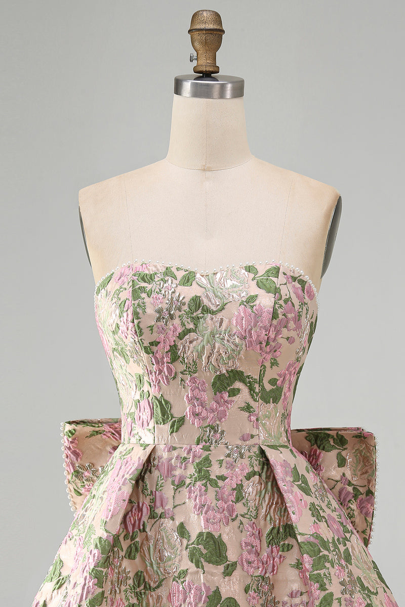 Laden Sie das Bild in den Galerie-Viewer, Sweetheart Rosa Blume A-Linie Jacquard Pearls Kurzes Abendkleid mit Schleife