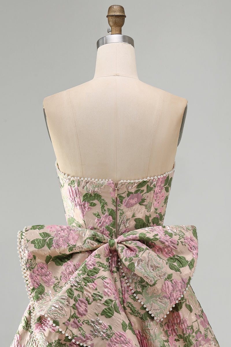 Laden Sie das Bild in den Galerie-Viewer, Sweetheart Rosa Blume A-Linie Jacquard Pearls Kurzes Abendkleid mit Schleife