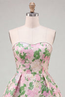 Laden Sie das Bild in den Galerie-Viewer, Sweetheart Pink Flower A-Line Jacquard Pearls Homecoming-Kleid mit Schleife