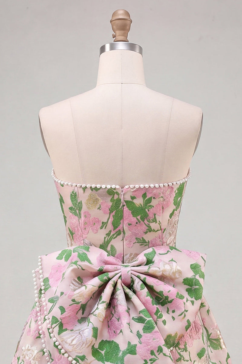 Laden Sie das Bild in den Galerie-Viewer, Sweetheart Pink Flower A-Line Jacquard Pearls Homecoming-Kleid mit Schleife