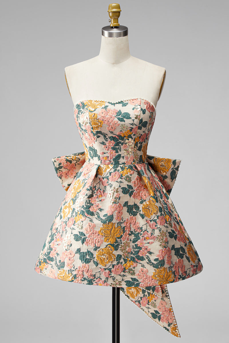 Laden Sie das Bild in den Galerie-Viewer, Sweetheart Rosa Blume A-Linie Jacquard Pearls Kurzes Abendkleid mit Schleife