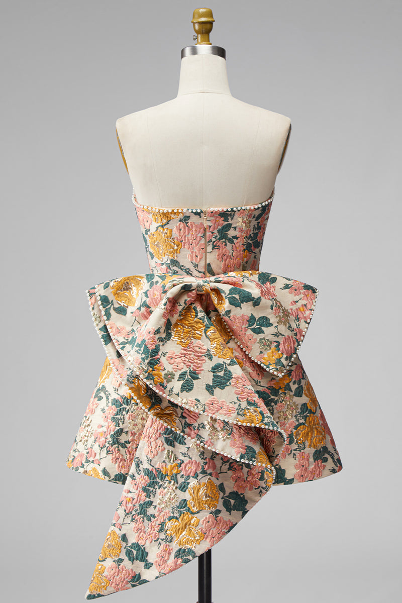 Laden Sie das Bild in den Galerie-Viewer, Sweetheart Rosa Blume A-Linie Jacquard Pearls Kurzes Abendkleid mit Schleife
