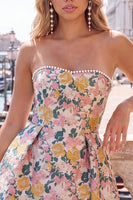 Laden Sie das Bild in den Galerie-Viewer, Sweetheart Pink Flower A-Line Jacquard Pearls Homecoming-Kleid mit Schleife