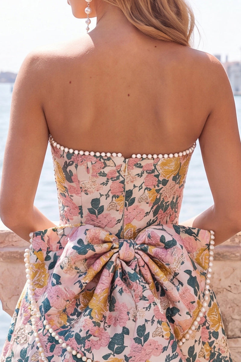 Laden Sie das Bild in den Galerie-Viewer, Sweetheart Pink Flower A-Line Jacquard Pearls Homecoming-Kleid mit Schleife