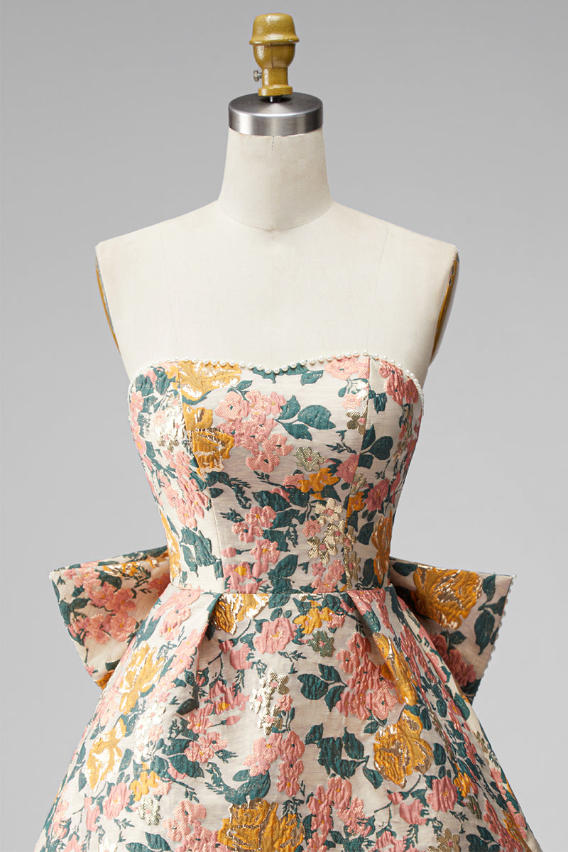Laden Sie das Bild in den Galerie-Viewer, Sweetheart Rosa Blume A-Linie Jacquard Pearls Kurzes Abendkleid mit Schleife