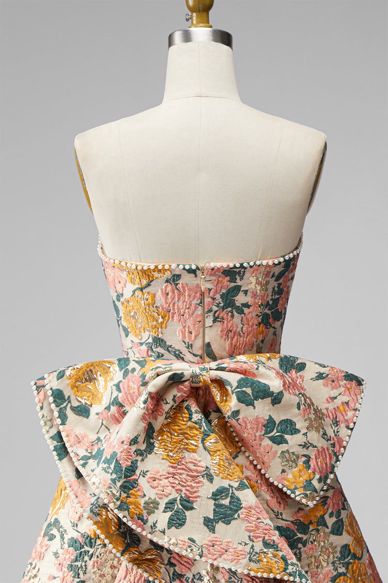 Laden Sie das Bild in den Galerie-Viewer, Sweetheart Rosa Blume A-Linie Jacquard Pearls Kurzes Abendkleid mit Schleife