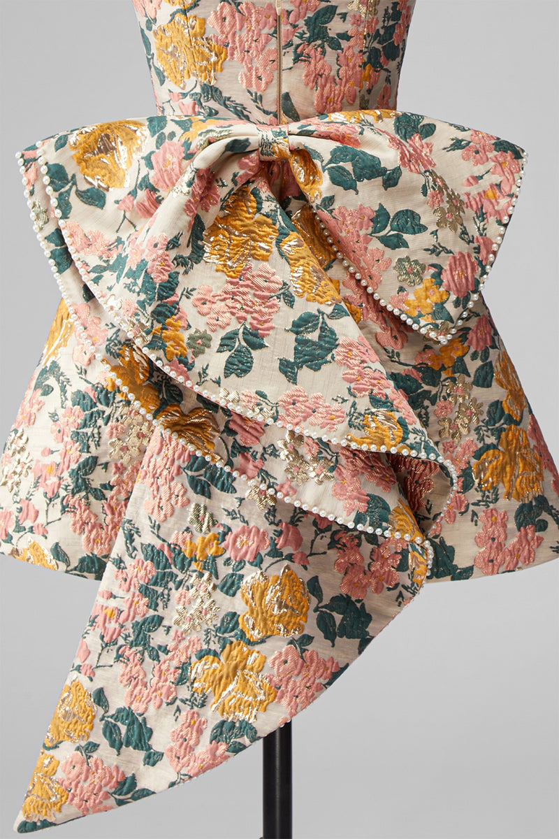 Laden Sie das Bild in den Galerie-Viewer, Sweetheart Rosa Blume A-Linie Jacquard Pearls Kurzes Abendkleid mit Schleife