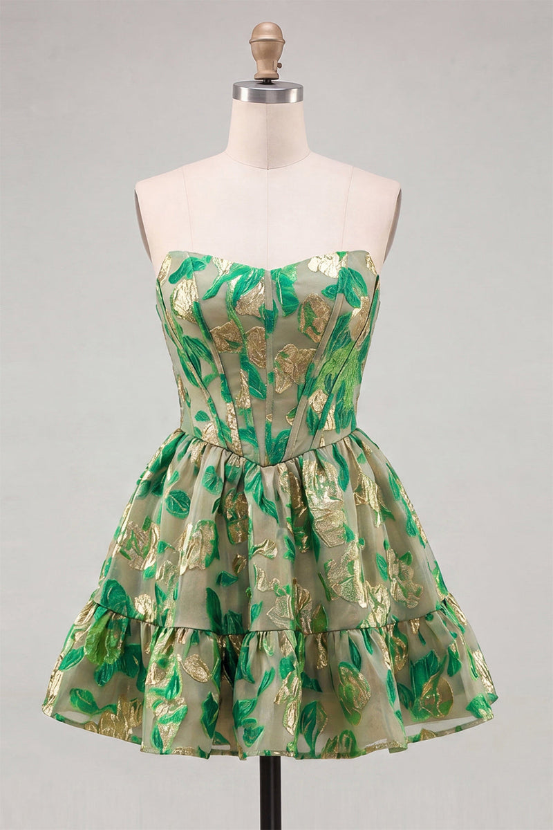 Laden Sie das Bild in den Galerie-Viewer, Grünes Sweetheart A-Line Korsett Jacquard Homecoming-Kleid mit Rüschen
