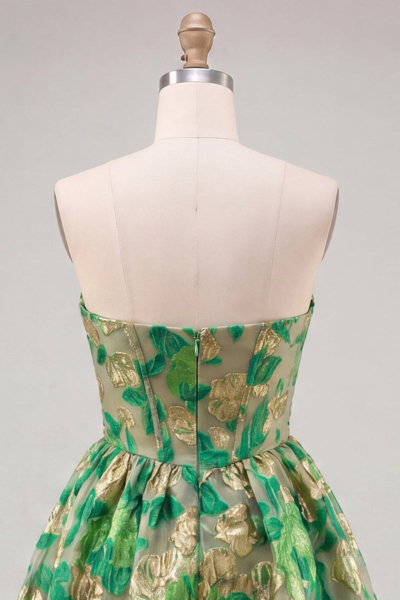 Laden Sie das Bild in den Galerie-Viewer, Grünes Sweetheart A-Line Korsett Jacquard Homecoming-Kleid mit Rüschen