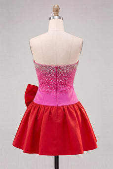 Fuchsia und rotes Trägerloses Strass Kurzes Abendkleid in A-Linie mit Schleife