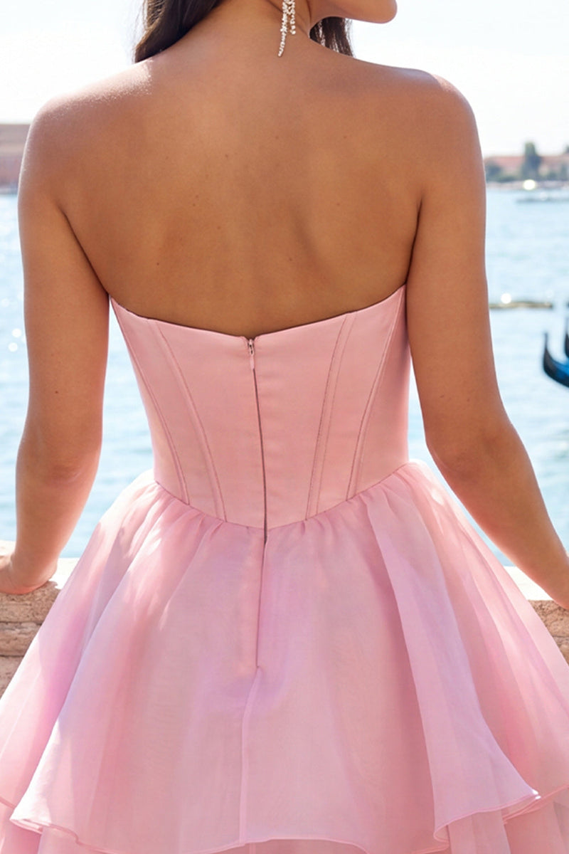 Laden Sie das Bild in den Galerie-Viewer, Pinkes Sweetheart-Korsett A-Linien-gestuftes Homecoming-Kleid mit Perlen