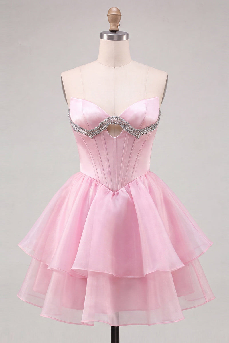 Laden Sie das Bild in den Galerie-Viewer, Pinkes Sweetheart-Korsett A-Linien-gestuftes Homecoming-Kleid mit Perlen